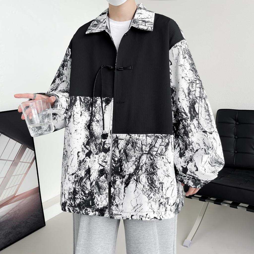 New Chinese Style Loose Tie-Dye Long Sleeve Shirt Men's Fashion Design Summer BF Trendy Patchwork Fake Two-Piece Button Shirt