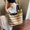 Shoulder Bag Striped Contrast Woven Bag Large Capacity Straw Tote Bag