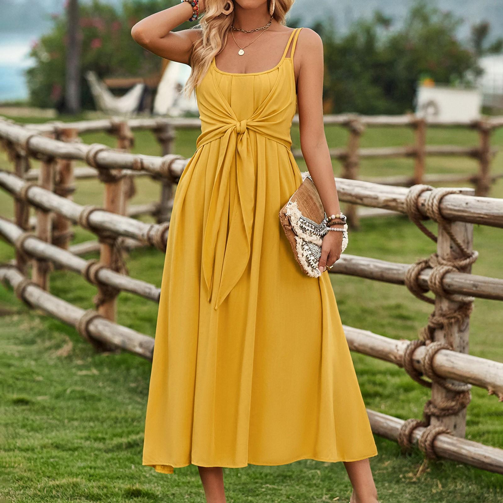 

Женское модное повседневное сексуальное комфортное прохладное дышащее сплошное цветное тонкое платье с высокой талией S жёлтый