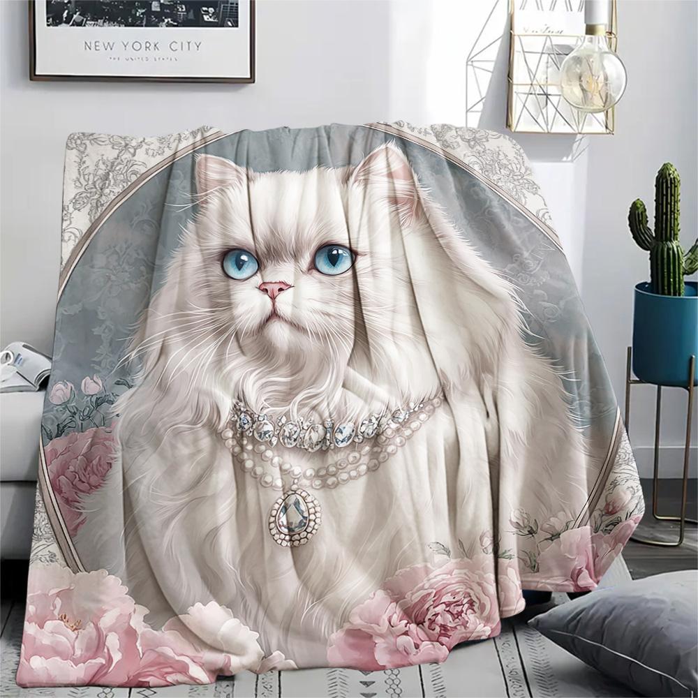 Weiße Katzen-Print Flanelldecke, Hohe Qualität, Bequem für alle Jahreszeiten, Heimdekoration, Wärme und Komfort, Perfekt für Weihnachtsgeschenke