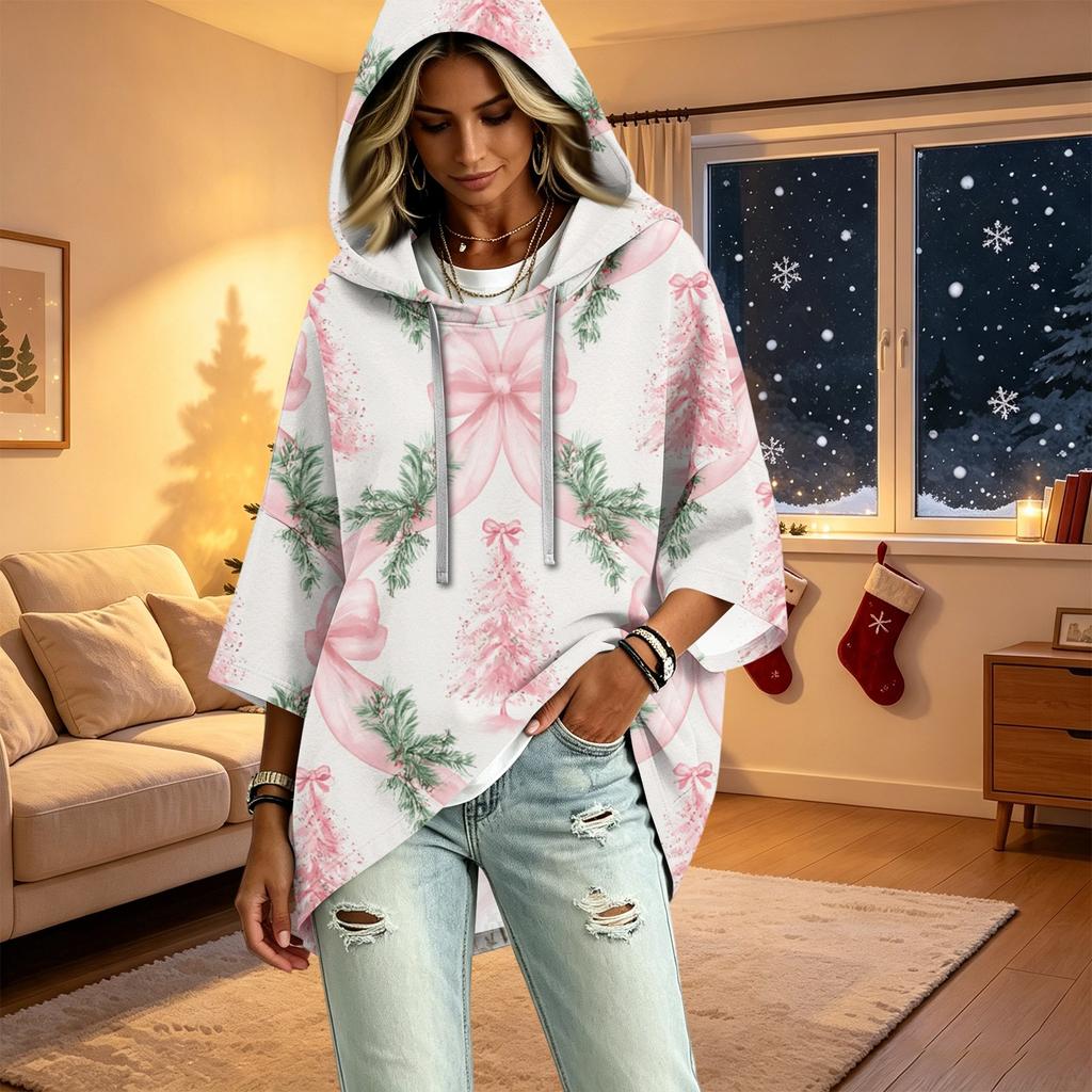 Women's Christmas Print Three-Quarter Sleeve Hooded Pullover Top