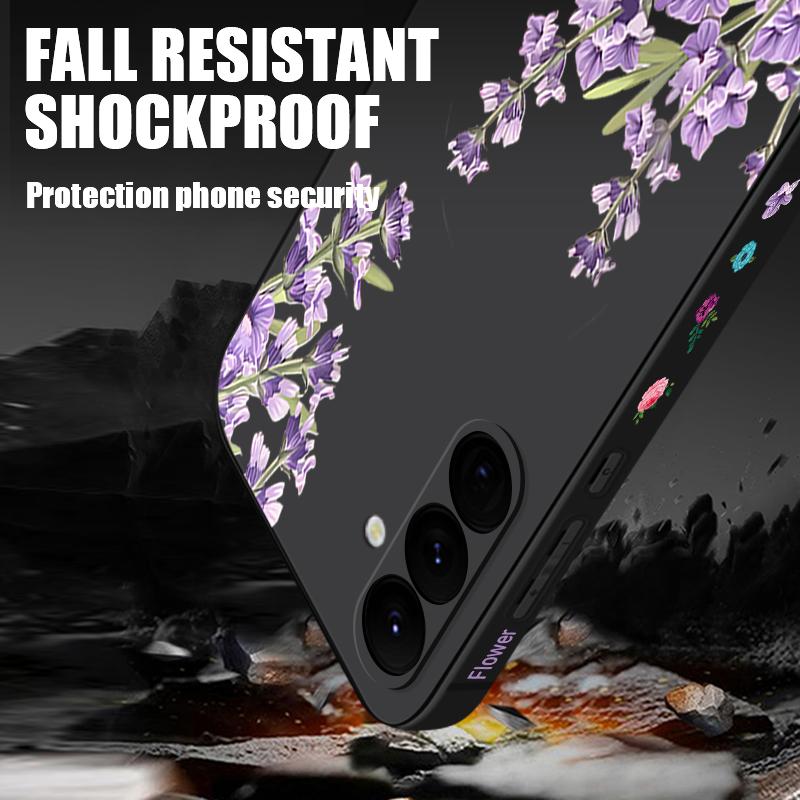 Floral Print Soft Matte Case Cover For Samsung S25 Ultra S24 FE S23 A56 A36 A16 A55 Lens Protection TPU Lanyard Shockproof Silicone Slim Phone Shell