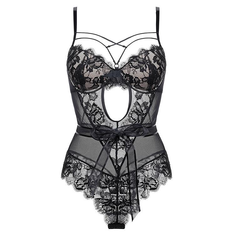 Women Sexy French Style Romper Tight-Fitting Bodysuit Transparent Bowknot One Piece Lace Lingerie