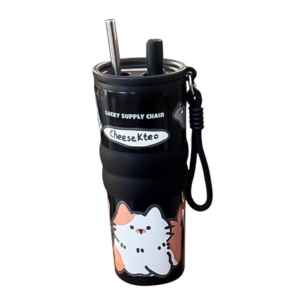 

600ML Vacuum Cup with Handle Straw Cup Portable Thermal Bottle Black - Stainless Steel