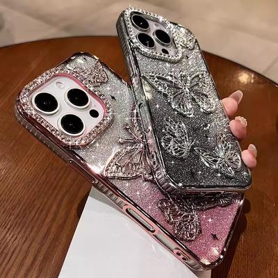Rhinestone Butterfly Suitable for Apple 16PROMAX Mobile Phone Case Iphone15 Flash Powder 14 Anti-fall Protective Case for Women