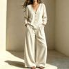 New Corduroy Autumn and Winter Button V-Neck Top Wide Leg Pants Two-piece Set