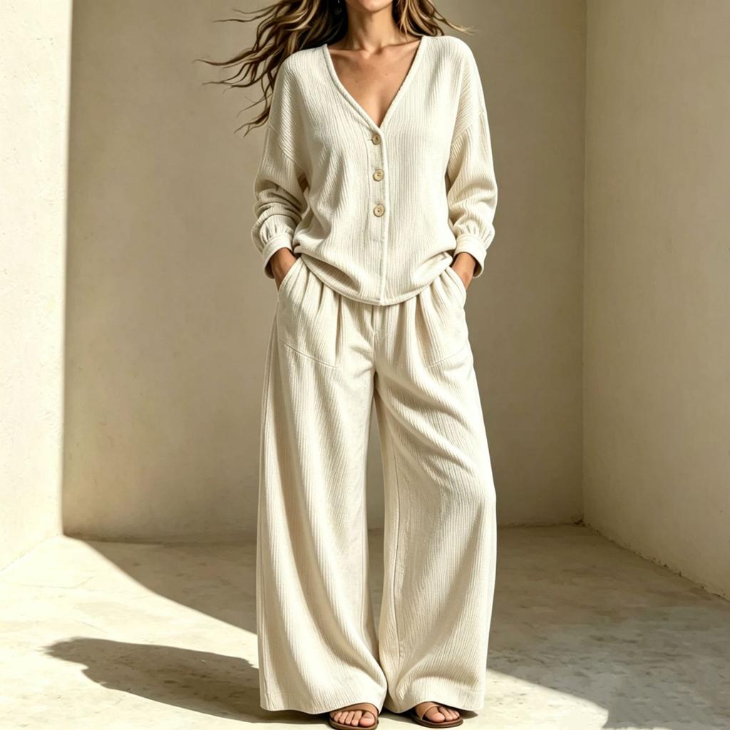 Women'S 2 Piece Ribbed Corduroy Clothes Sets V Neck Button Down Top And Wide Leg Pants Casual Loungewear Tracksuit