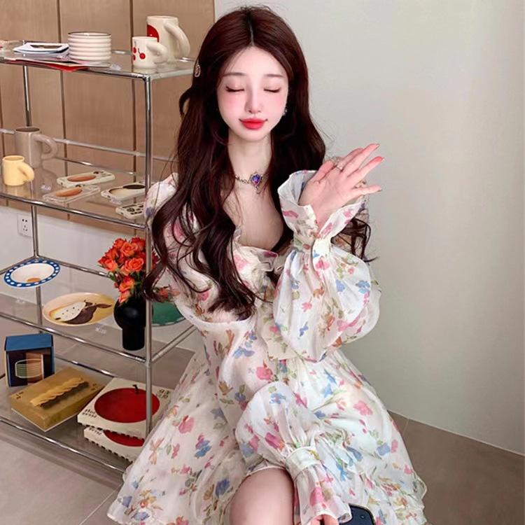 Original practice + chest pad + lining, super fairy temperament sweet girl dating dress, heavy industry high waist and thin floral skirt