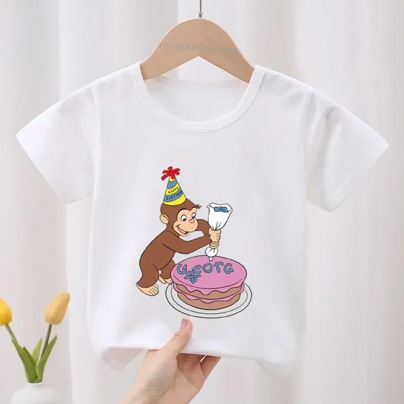 Curious George Roztomilý opičí potisk Dětské tričko Dětské oblečení Letní Oblečení pro holčičky Chlapecká trička s krátkým rukávem