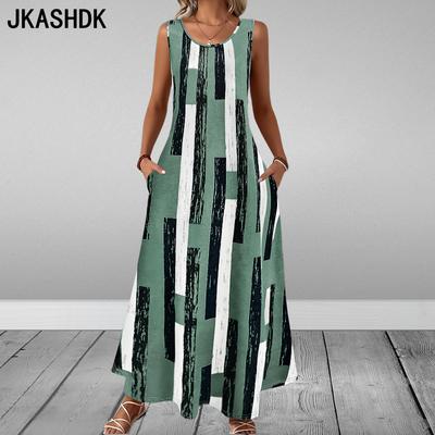 Damenmode Sommer Frühling Farbblockdruck Ärmellos O-Ausschnitt Lose Taille Freizeitkleider