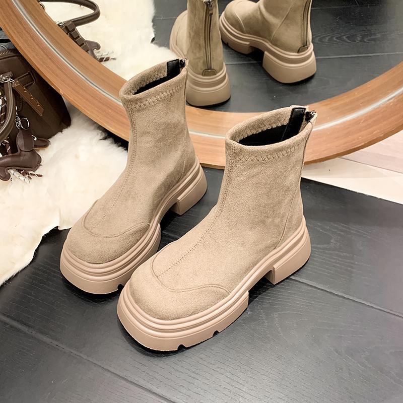 

Винтажные женские ботильоны на платформе и толстой подошве, удобные туфли из короткого плюша, осенне-зимние, стройнящие, увеличивающие рост, короткие ботильоны 35