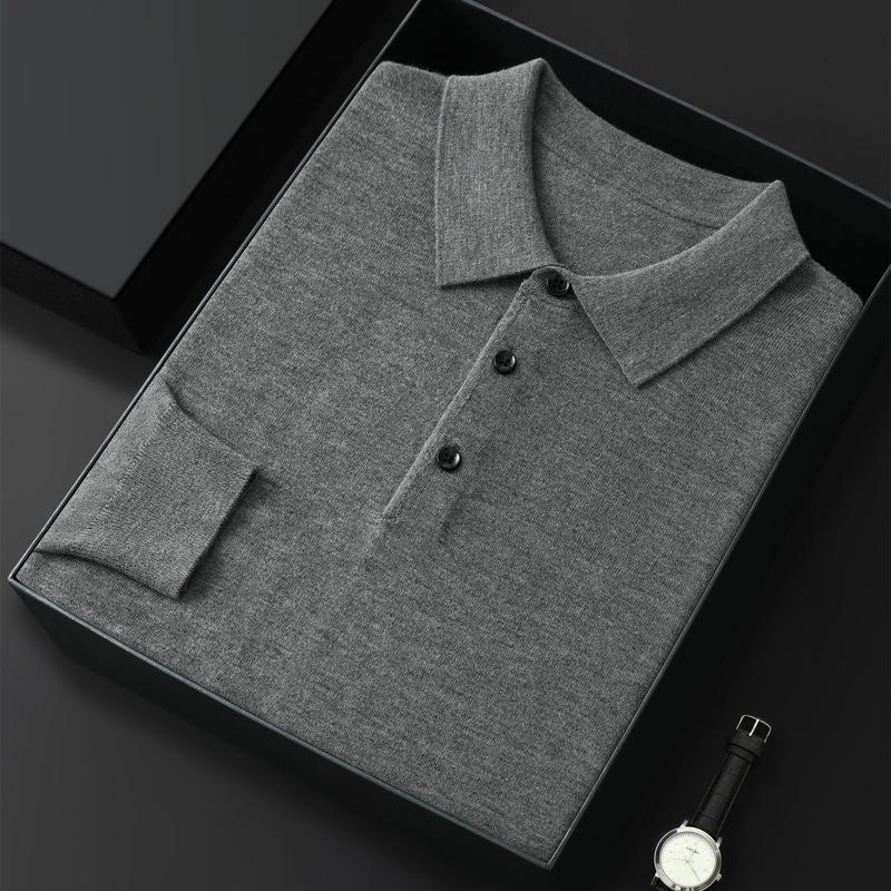 Men's Spring and Autumn Casual Polo Collar Long-sleeved Knit Shirt Solid Color Loose Business Pullover Tops