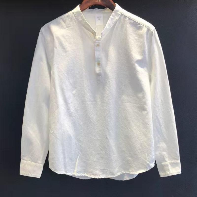 Men Linen Blend Henley Shirt Long Sleeve Stand Collar Half Button Casual Shirt for Men