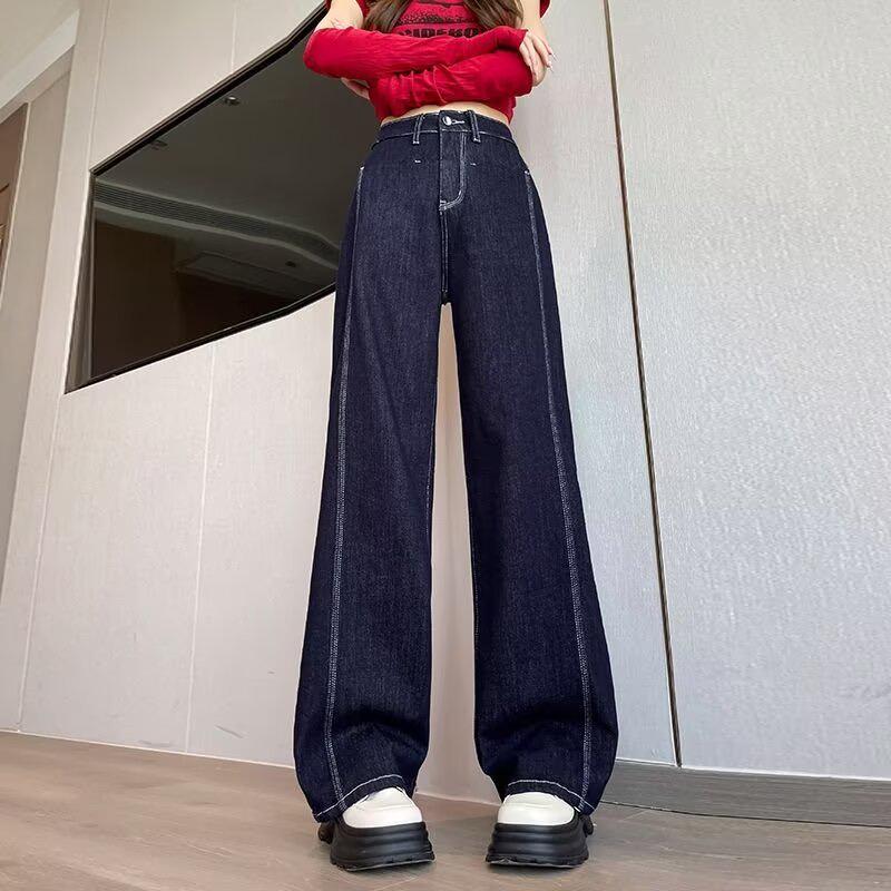 

Женские 2024 Темно-синие вельветовые джинсы с высокой посадкой и широкими штанинами: Стройнящий, Свободный, Дизайн в пол L темно-синий