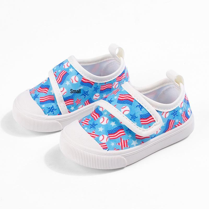 Spring 2026 Kids' Canvas Shoes: Printed Toe Cap, Velcro Closure, Anti-Kick Soft Sole, Toddler-Friendly.