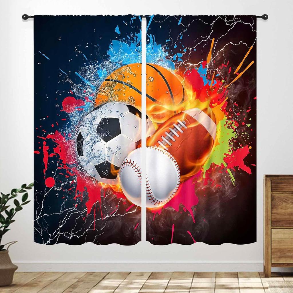 Basketball Curtains Teens Ball Sports Blue Red Flame Match Game Teen Boys Kids Bedroom Living Room Playroom Nursery Curtain For Sitting Polyester