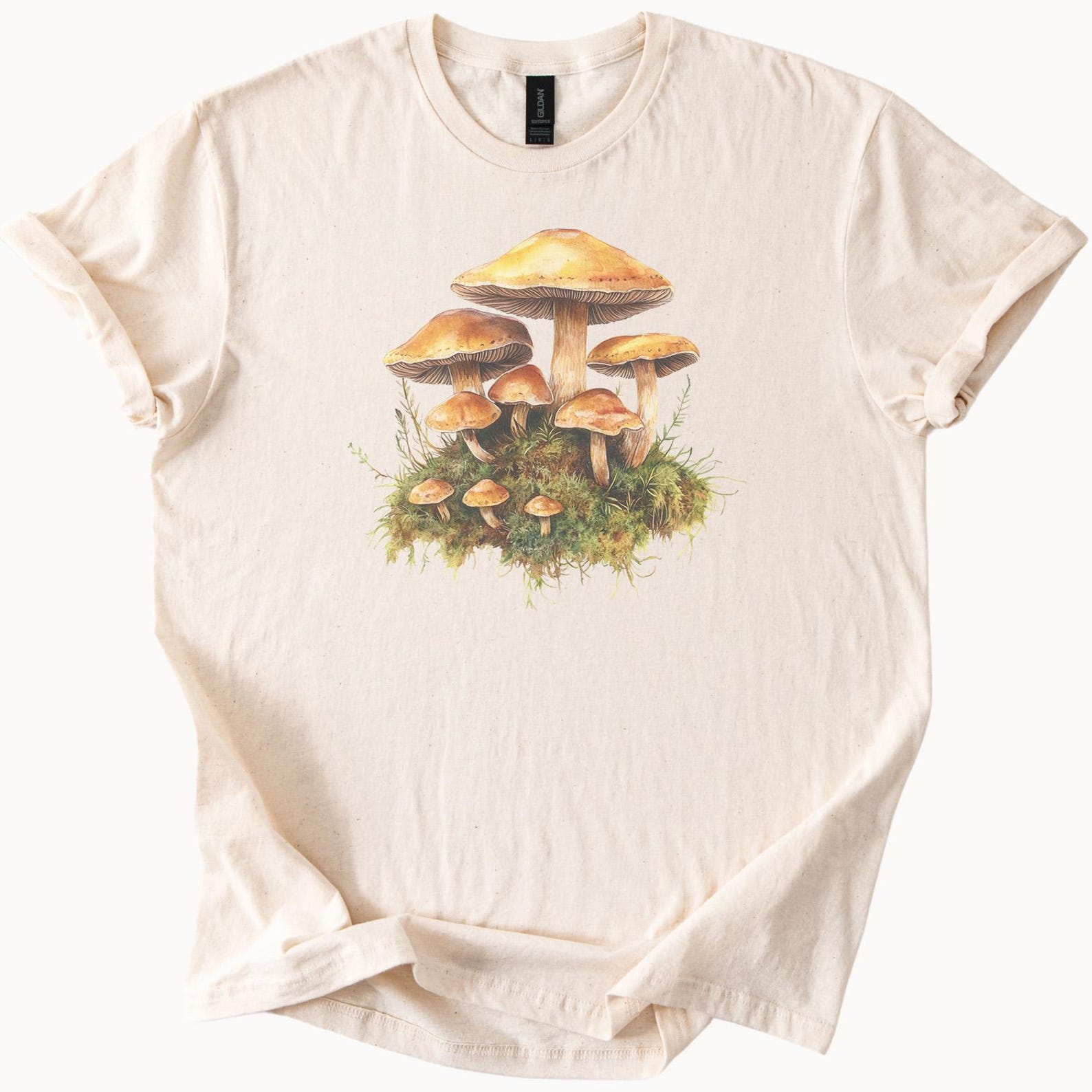 Mushroom Forest Graphic T Shirt Nature Inspired Fungi Art Tee Botanical Mushroom Illustration Shirt Cottagecore Aesthetic Shirt 100