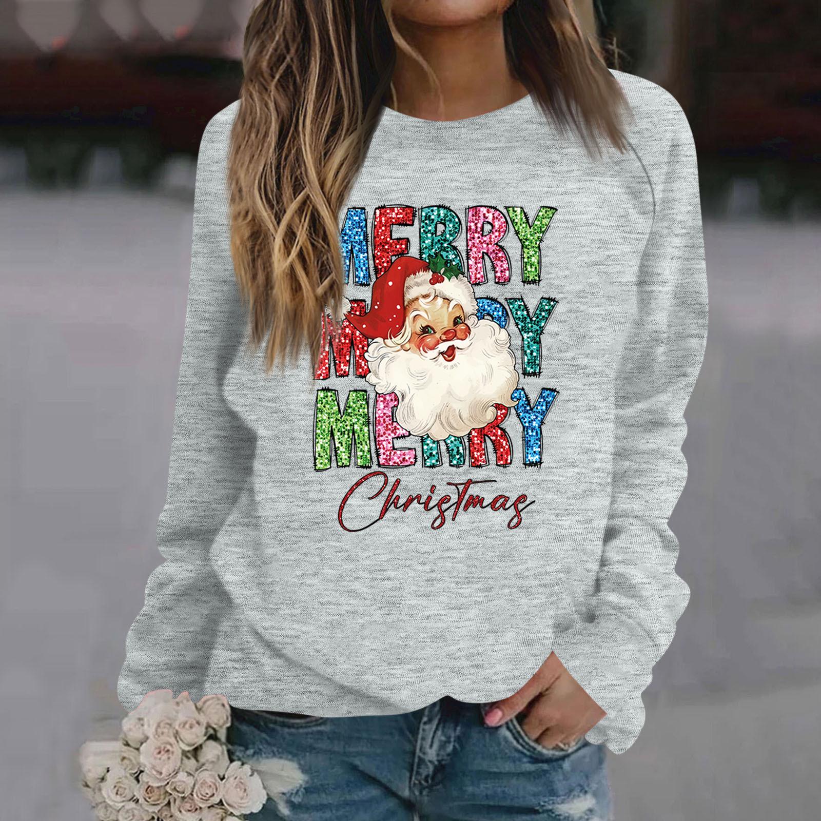 

Женские футболки, свободные, модные и повседневные толстовки с круглым вырезом и длинными рукавами с рождественским принтом S