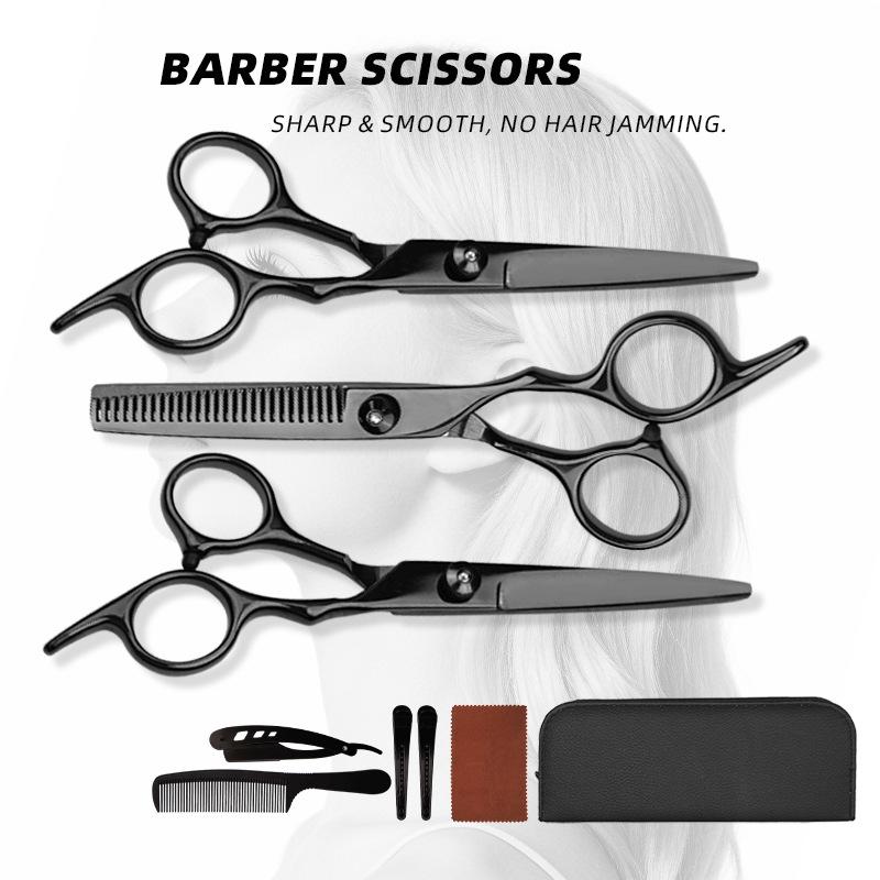Black Hairdressing Scissors Set: Straight-Tooth, Thinning, Bangs Scissors for Salon & Home Barber Use