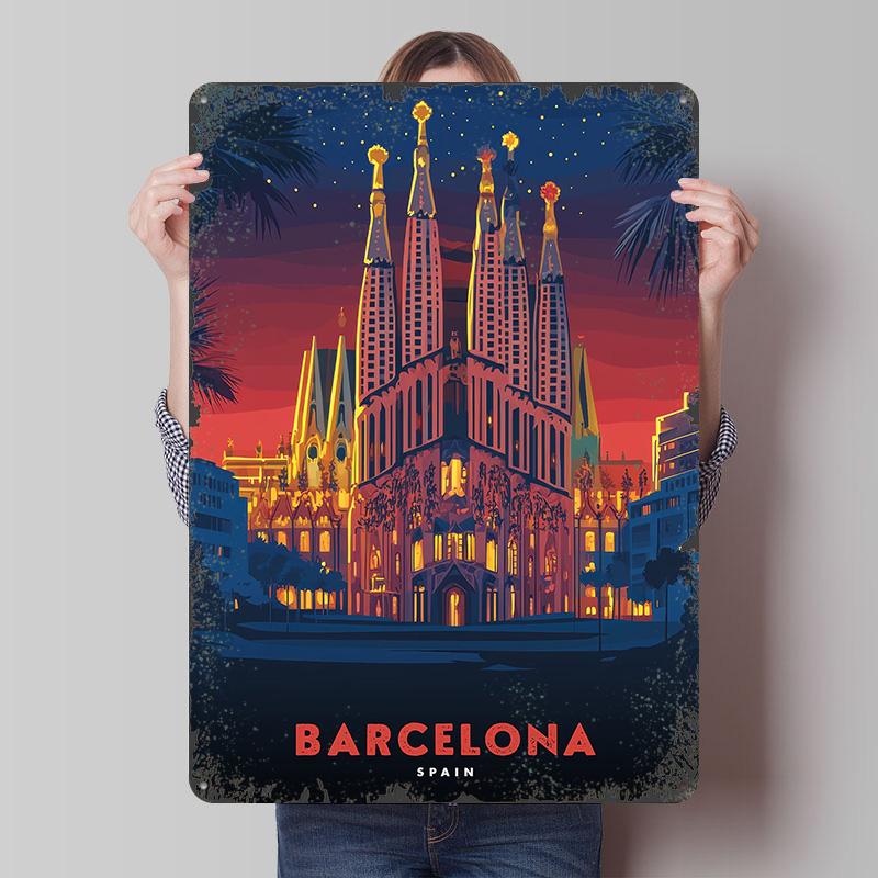 

Barcelona Spain Travel Poster Customized Wall Art Vintage Metal Signs Retro Tin Plaque for Man Cave Office Decoration Room Decor 20x30cm（7.8x11.8inch）