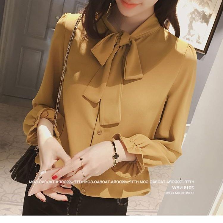 Chiffon Long Sleeve Bow Tie Lace-Up Top