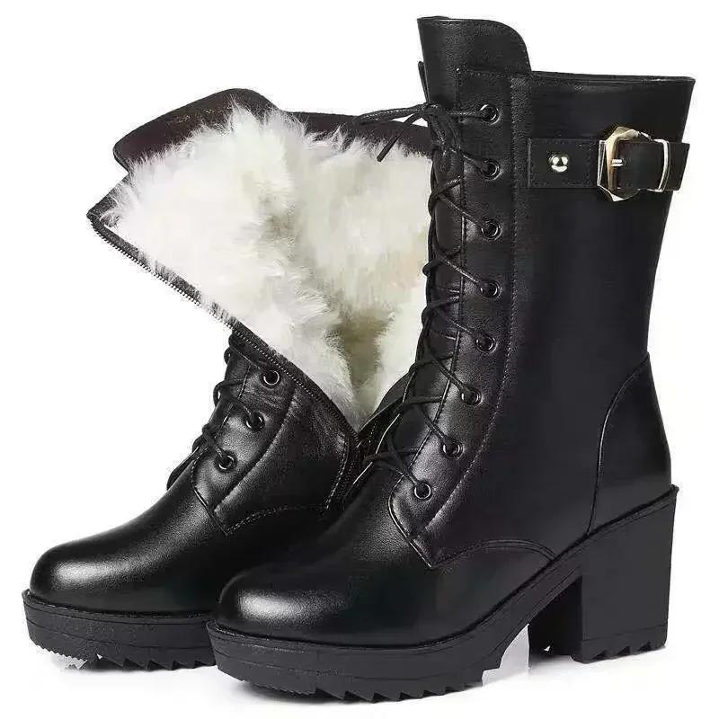 Winter Leather Women Winter Boots Thick Wool Warm Women High-heeled Genuine Boot High-quality Female Snow Boots Women Shoes