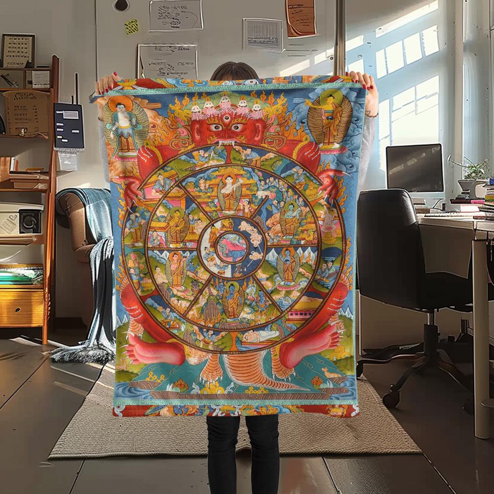 1Pc Buddhism Wheel Print Flannel Blanket, High quality Comfortable for All Seasons, Home Decor, Warmth and Comfort, Perfect for Christmas Gifts