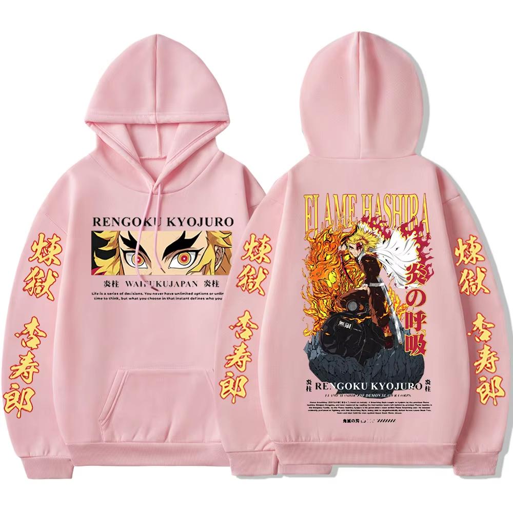 Harajuku Anime Demon Slayer Rengoku Kyoujurou Graphic Printed Hooded Men Women Hoodies Casual Loose Streetwear Sweatshirt
