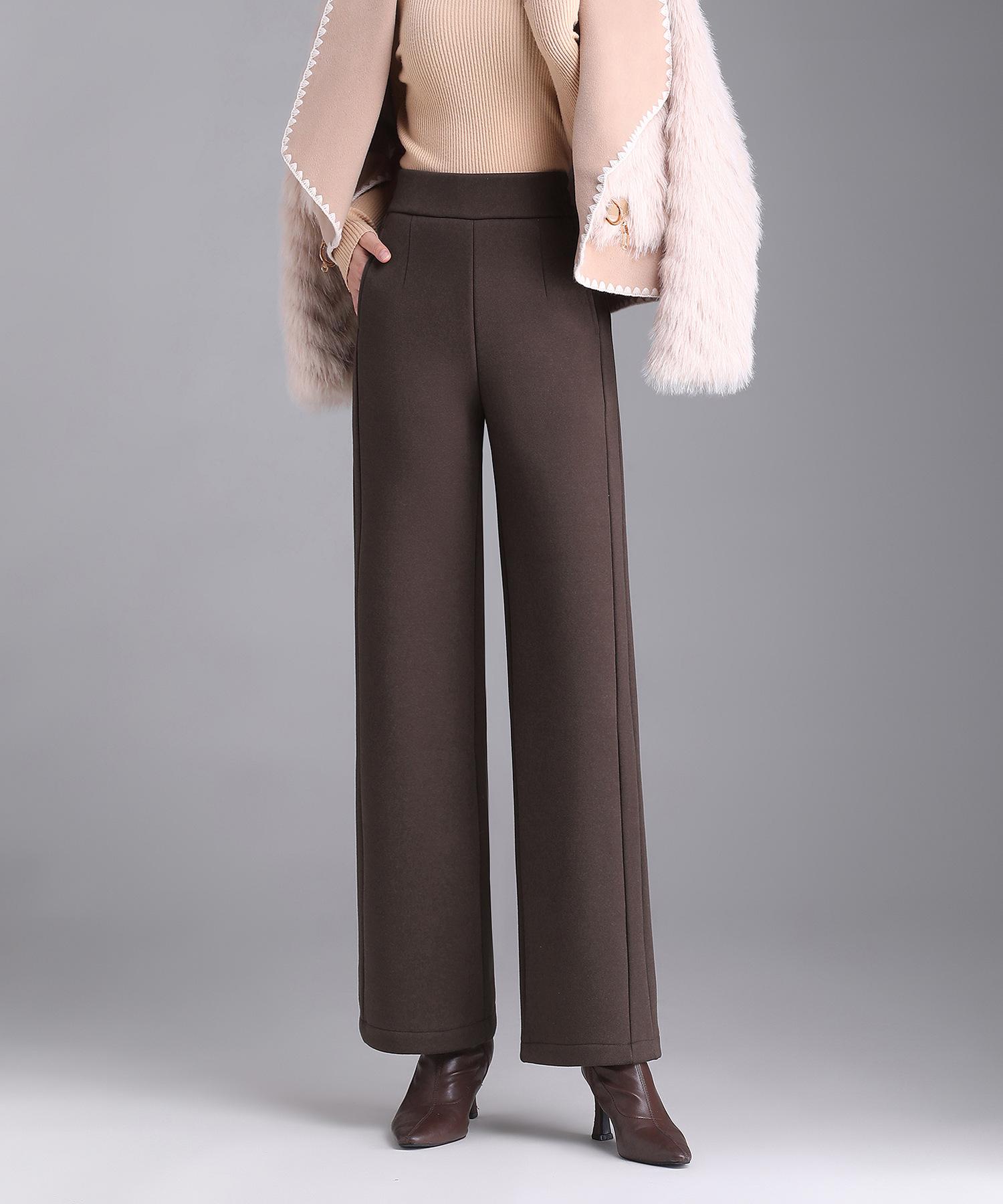 

Women s Fashionable Coffee-Colored High-Waisted Fleece-Lined Wool Pants, Straight-Leg, Mature Style, Winter Outdoor Wear. L (100-110 jin) кофейный