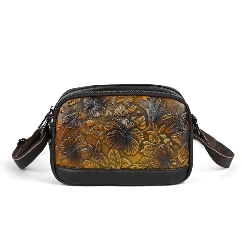 Johnature Genuine Leather Retro Embossed Women Bag Versatile Hand Painted Cowhide Shoulder & Crossbody Bags