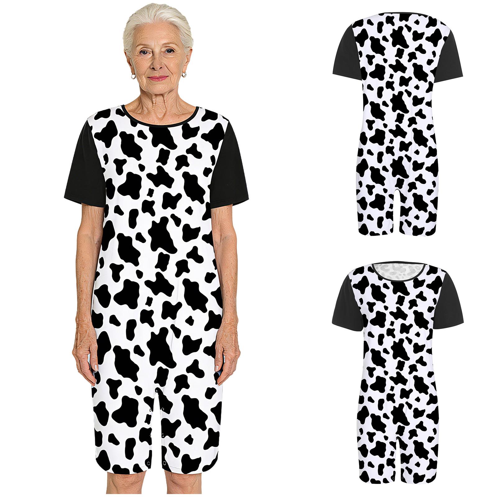 Damen Erwachsener Adaptiver Jumpsuit Kurzarm Print Farbblock Geknöpfter Schritt Bodysuit für Ältere Demenz Alzheimer Pflege S black