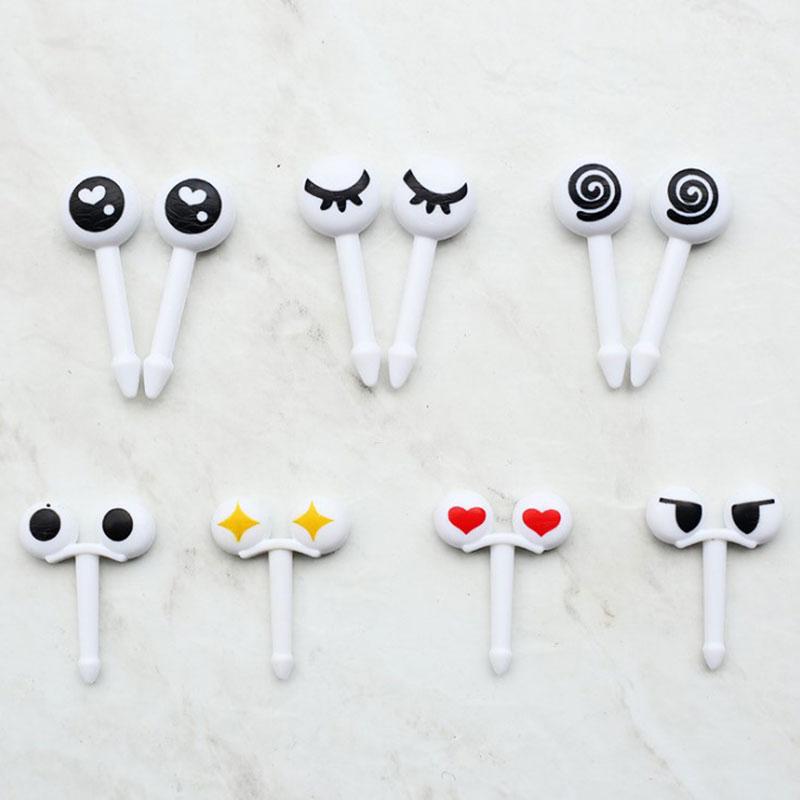 Lovely 10Pcs Plastic Fruit Toothpick Lovely Eye Cartoon Forks Bento Decorative