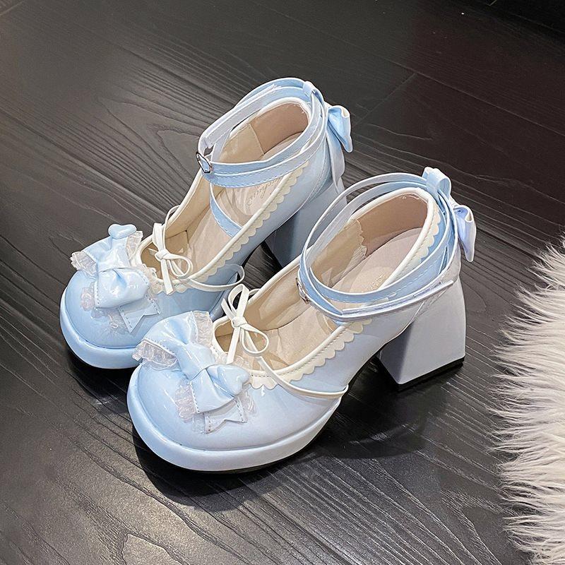 Japanese blue bow shoes high heels waterproof table sweet cute soft sister lolita children thick heel thick sole cloth