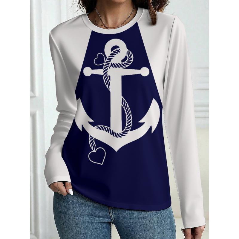 Women's T-Shirt Outdoor Casual Long Sleeve Pattern Print Street Crew Neck Fall Female Oversized Clothing Fashion T Shirts