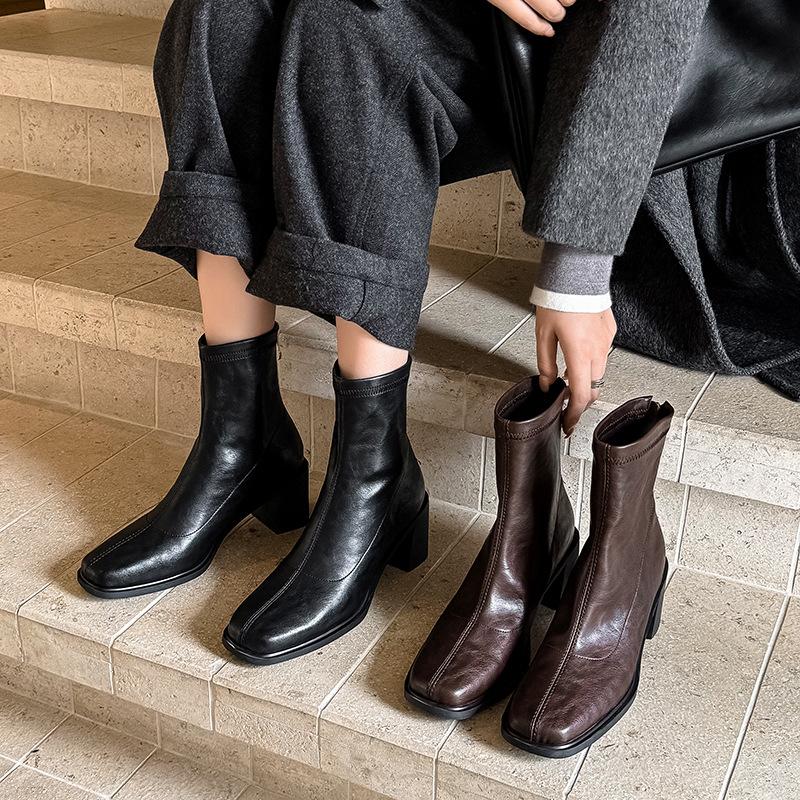 6.5CM British style fashion simple temperament thin boots autumn new square head thick heel rear zipper commuting short boots