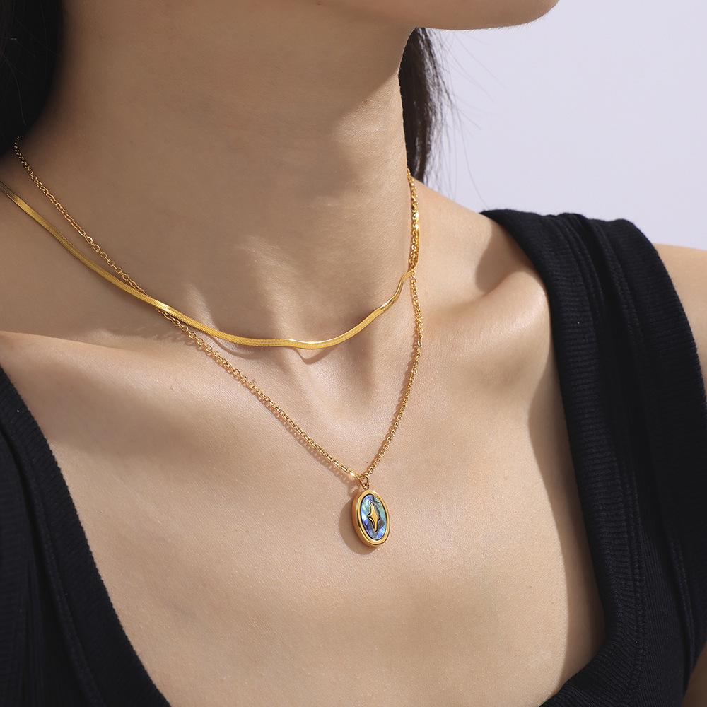 Colorful Oval Shell Pendant Necklace In Gold Plated Titanium Steel