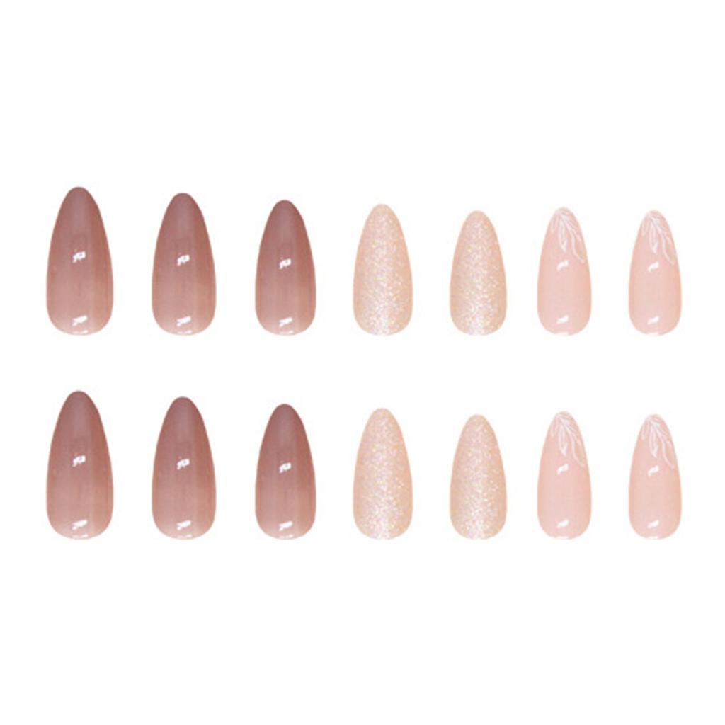 Almond Press on Nails with Glitter Natural Unbreakable Nail Simple Wear for Shopping Traveling Dating