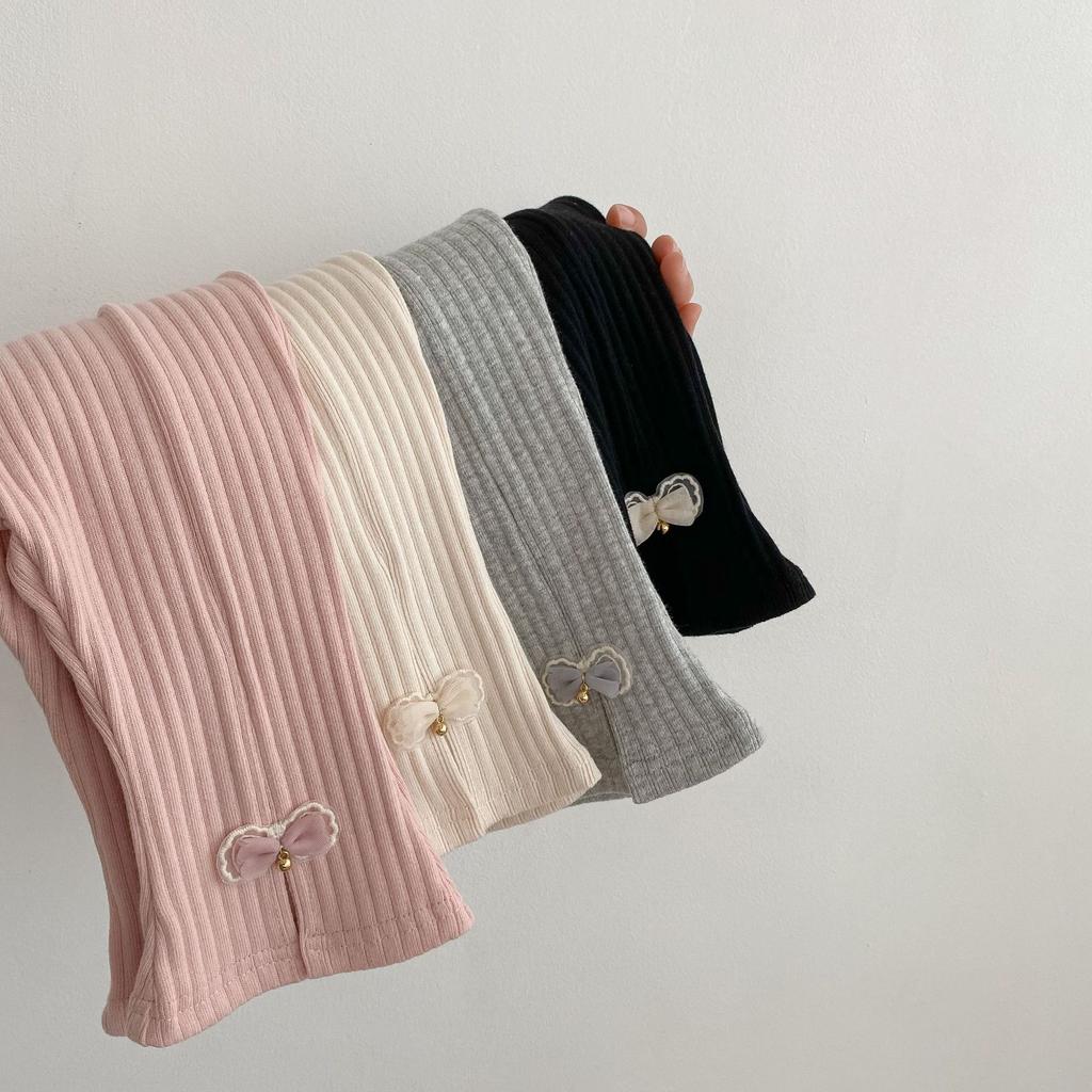 Girls High Waist Ribbed Stretch Flare Pants with Slit and Bow Detail