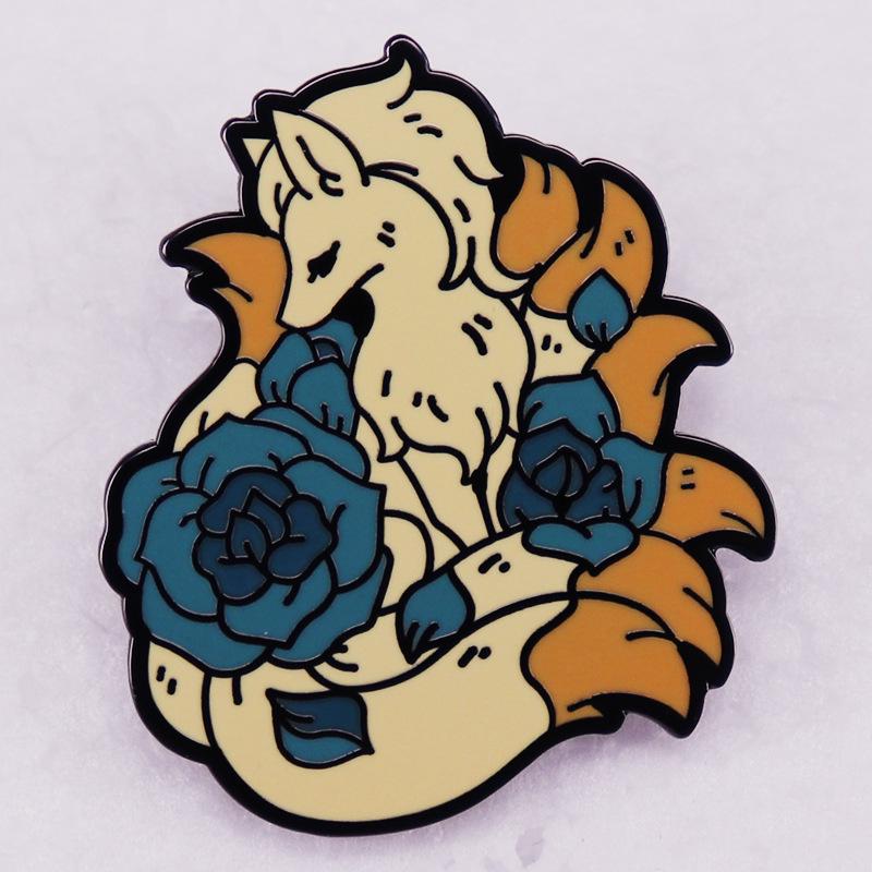 

Enamel Nine-Tail Fox & Flower Brooch - Mythical Animal Pin Jewelry Accessory чёрный