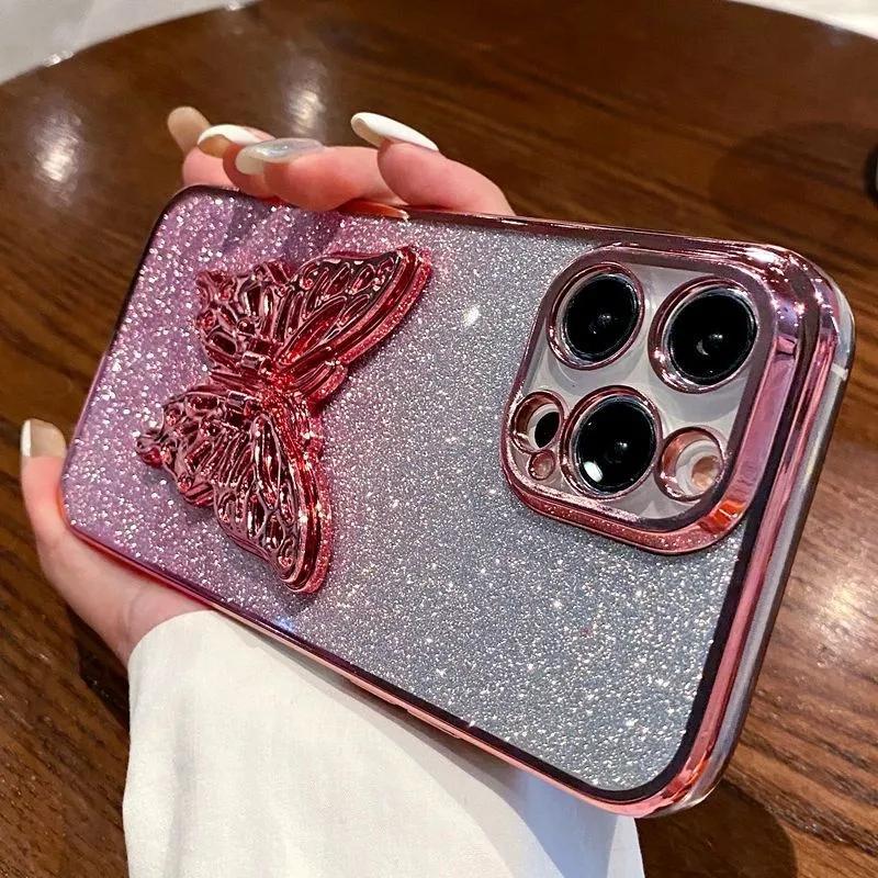 3D Butterfly Phone Holder Crystal Bracelet Glitter Plating Case for Iphone 15 14 13 12 Mini 11 Pro XS Max XR 8 7 Plus Cover