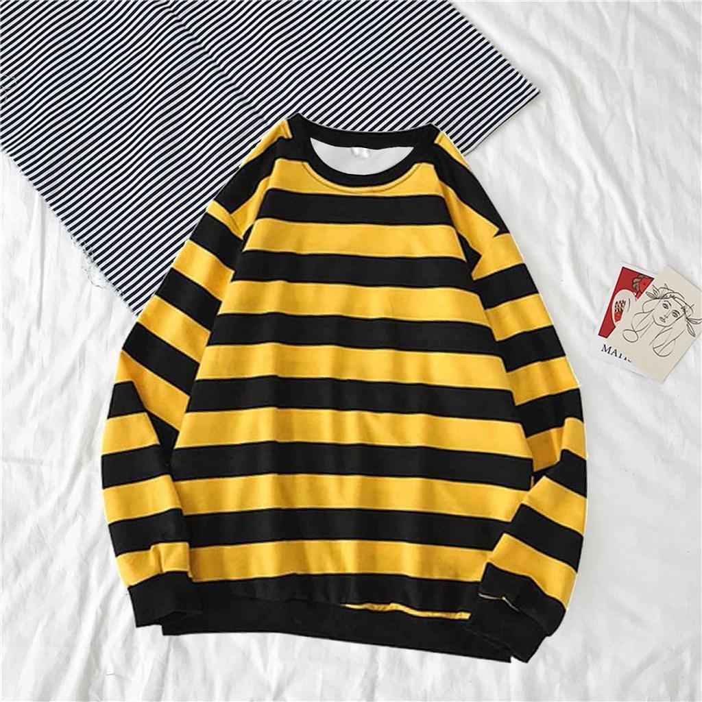 Men's Autumn Winter Round Neck Stripe Sweatshirt Pullover Tops Long Sleeved
