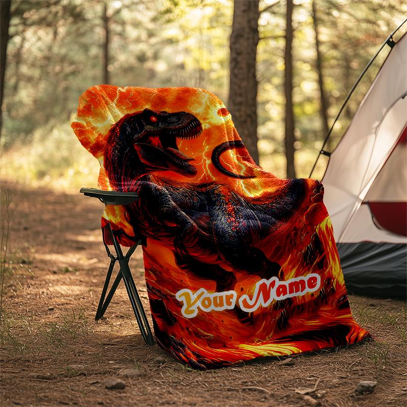 1PC Custom Name "Fiery Dinosaur Adventure" Outdooor Flannel Blankets Patterns Throw Blanket All-Season Soft Gift for Couch, Bed, Camping Gifts