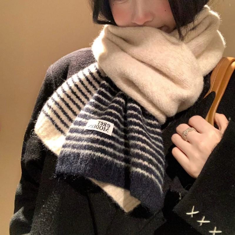 Korean Style Striped Knit Wool Blend Scarf Women Winter Warm Thick Neck Wrap