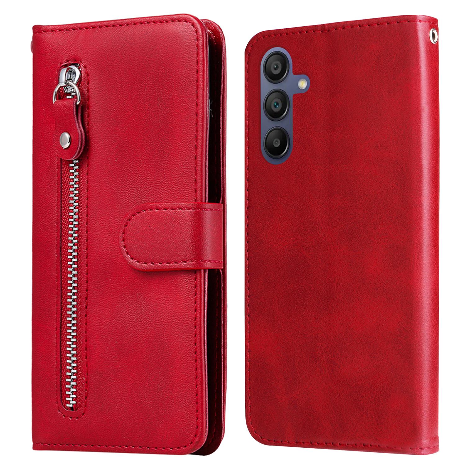 

For Samsung Galaxy A17 5G/A26 5G/A16 5G/A16 4G Case Zipper Wallet Calf Texture PU Leather Phone Cover Red