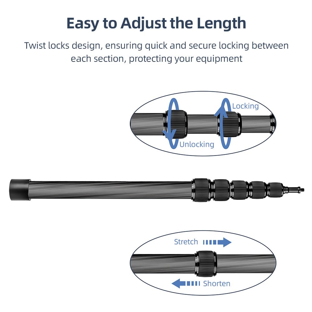 HUNYA Handheld Microphone Boom Arm, 6 Sections, Extendable Microphone Arm, Carbon Fiber Boom Pole, for Microphones, 14-inch Screw & Thread, with Foam