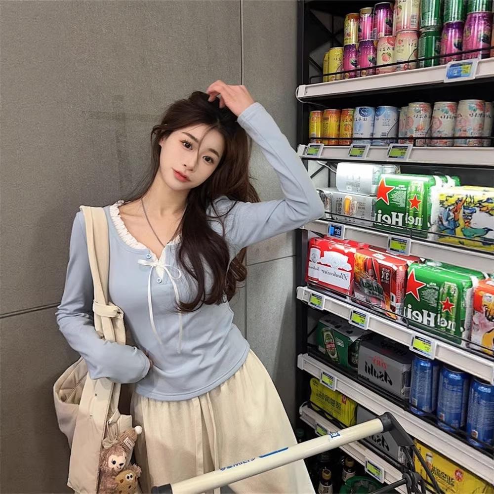 Women s Chic Slimming Lace V-Neck Two-Piece Look Long-Sleeve Cropped Top, Spring 2026 L синий