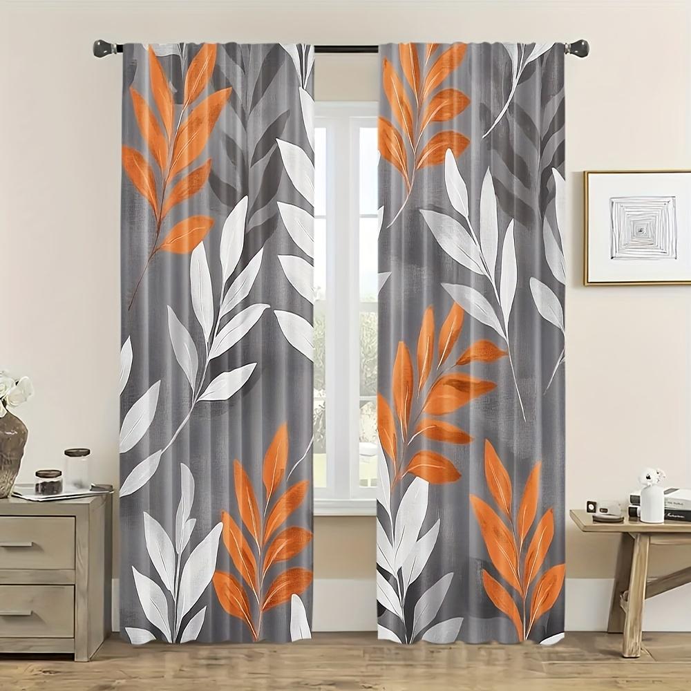 2er Pack Vorhang mit orange-grauem Blatt- und Blumenmuster, aus Polyester, maschinenwaschbar, geeignet für Schlafzimmer und Wohnzimmer.