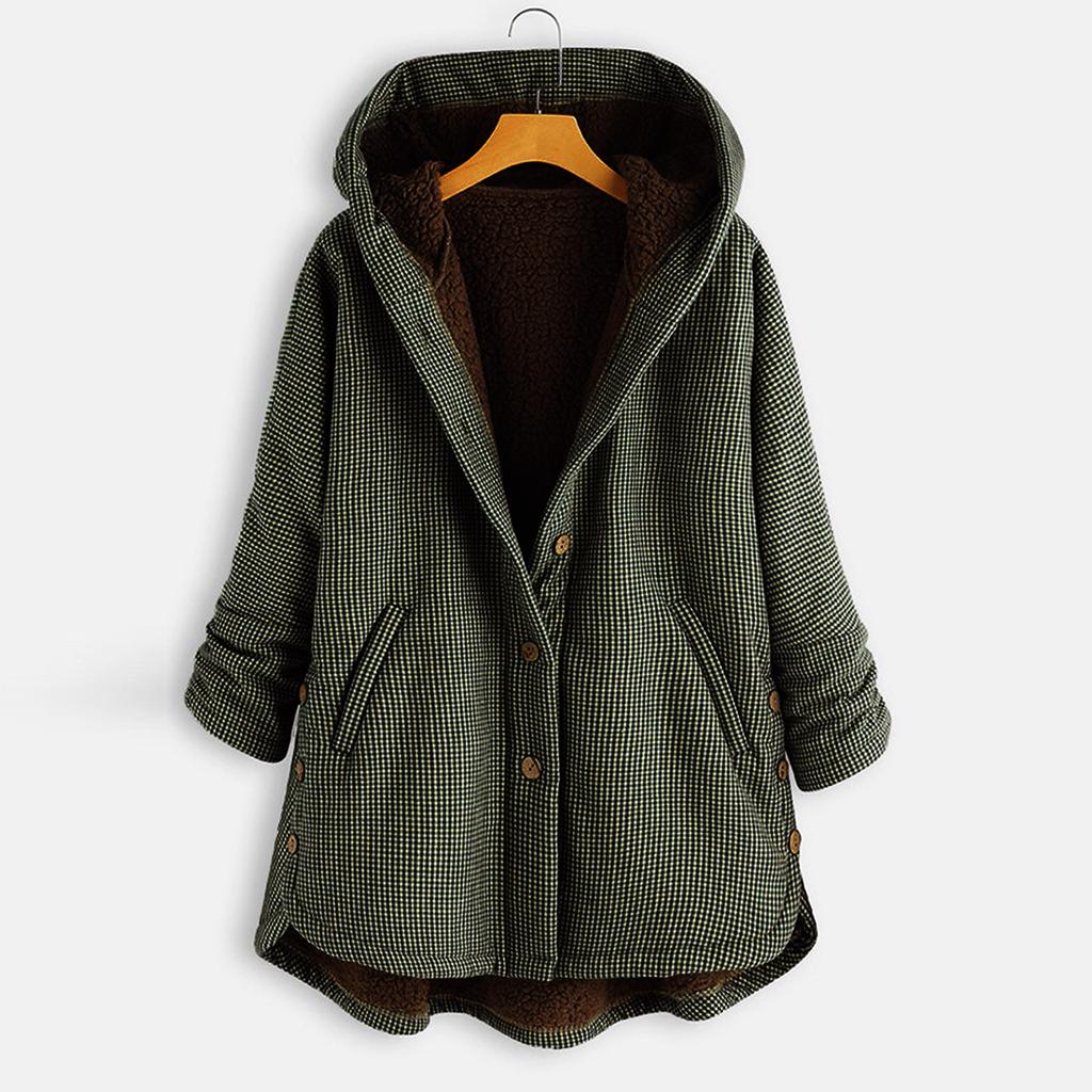 Women Winter Warm Outwear Lattice Printing Hooded Pockets Oversize Hasp Coats