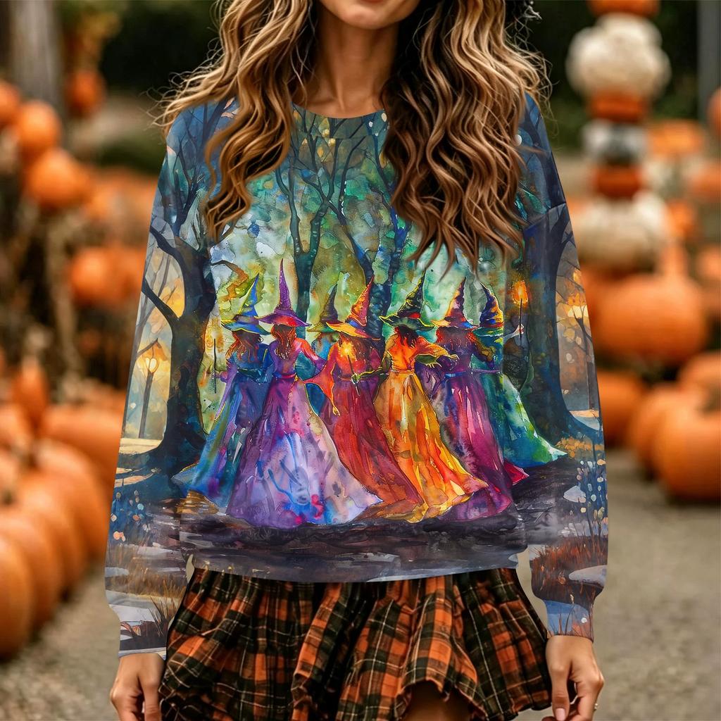 Women's Halloween Print Neck Pullover Sweatshirt, Long Sleeve Casual Fashion Top