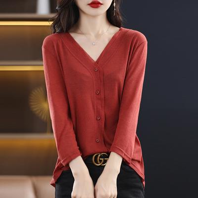Camiseta básica de cuello en V de talla grande y corte slim para mujer, versátil para primavera y verano, fina imitación de punto, chaqueta cárdigan holgada